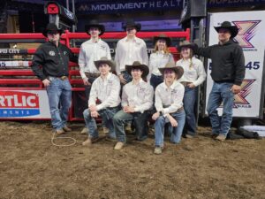 Huron Area HS rodeo team members that competed are front row, from left: Brady Meyer, Mason Hunter and Aubry Moody. Back row: SDHRA President Brad McGirr, August Steele, Chauncey Driscoll, CR Brewer, Ella Fagerhaug and East Region Director: Perry Moody. Brewer won the barrel racing, Discoll was second in team roping and Meyer was second in steer wrestling.