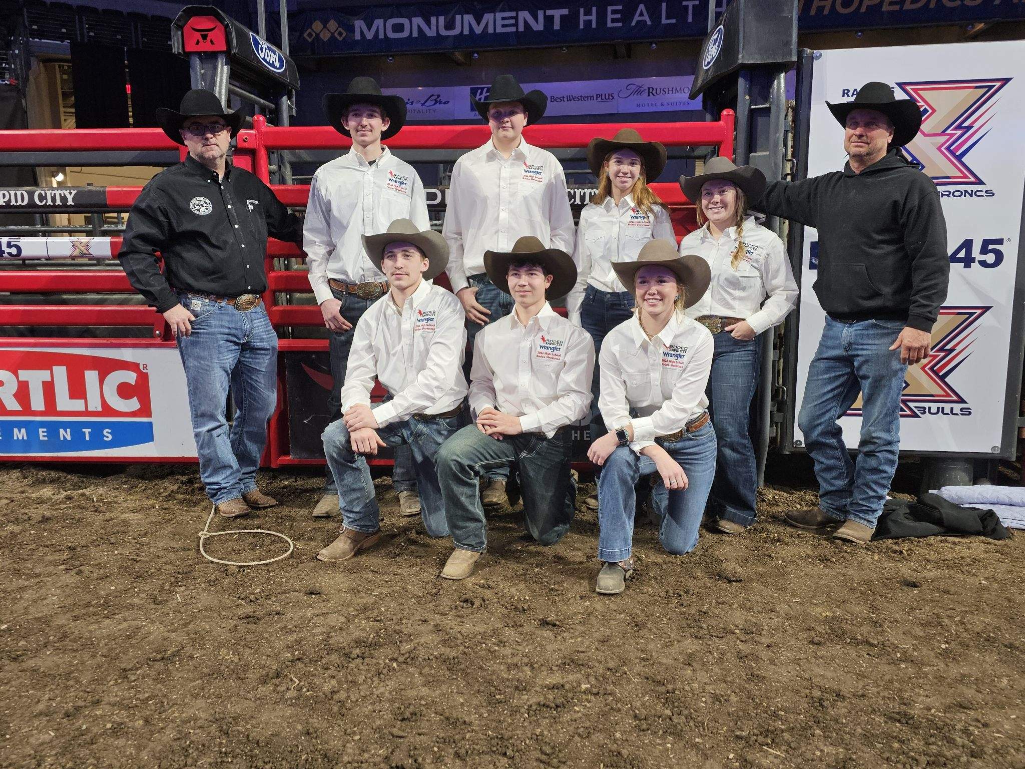 Huron Area HS rodeo team members that competed are front row, from left: Brady Meyer, Mason Hunter and Aubry Moody. Back row: SDHRA President Brad McGirr, August Steele, Chauncey Driscoll, CR Brewer, Ella Fagerhaug and East Region Director: Perry Moody. Brewer won the barrel racing, Discoll was second in team roping and Meyer was second in steer wrestling.