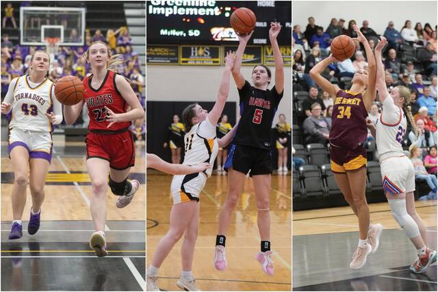 Highmore-Harrolds Jada Baloun, left, Sanborn Central/Woonsockets Liz Boschee, center, and De Smets Hazel Luethmers were named to the Class B all-state girls basketball team.
                                 Photos courtesy of Craig Wollman