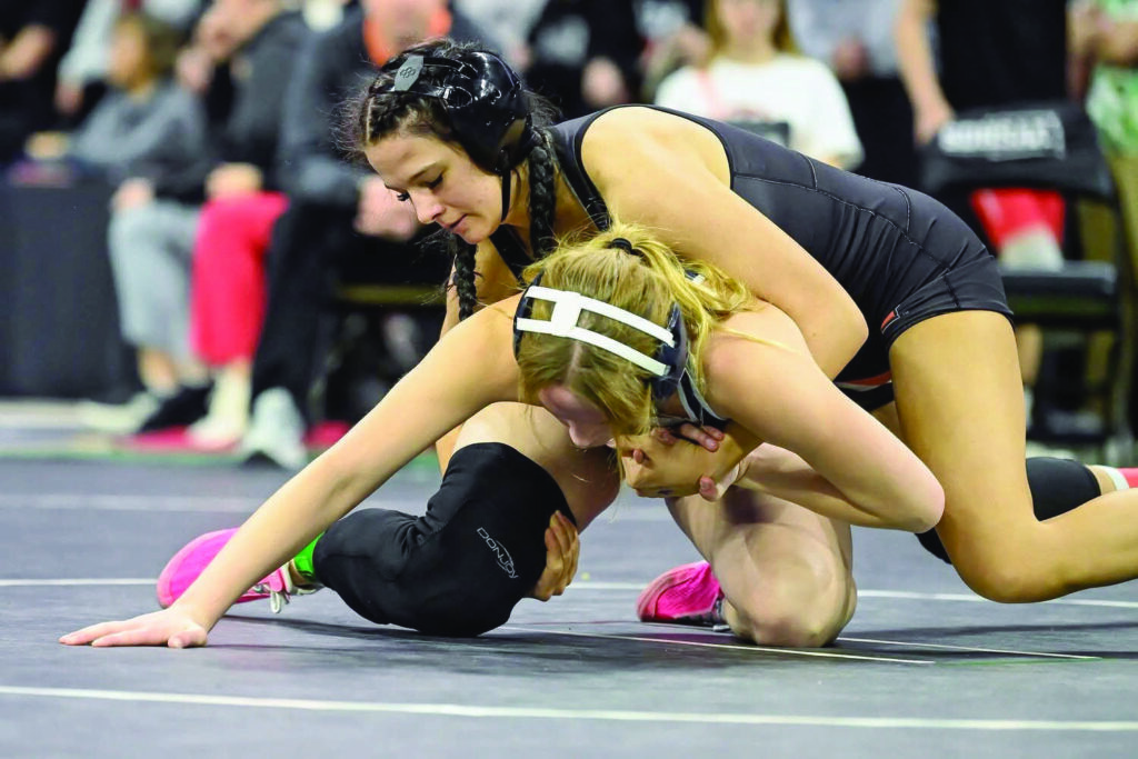 CONTRIBUTED Kolby Glanzer of Huron wrestles Shelby Werlinger of Sturgis during the seventh-place match at 145 pounds during the State Girls’ Wrestling Tournament on Saturday at the Denny Sanford Premier Center in Sioux Falls.