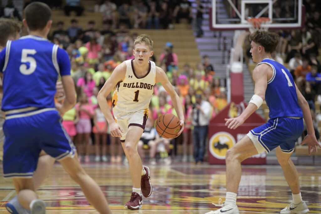COURTESY OF SOUTH DAKOTA PUBLIC BROADCASTING
De Smet’s Noah Leuthmers handles the ball during a game against Wall in the opening round of the Class B State Boys’ Basketball Tournament on Thursday at the Barnett Center in Aberdeen. 