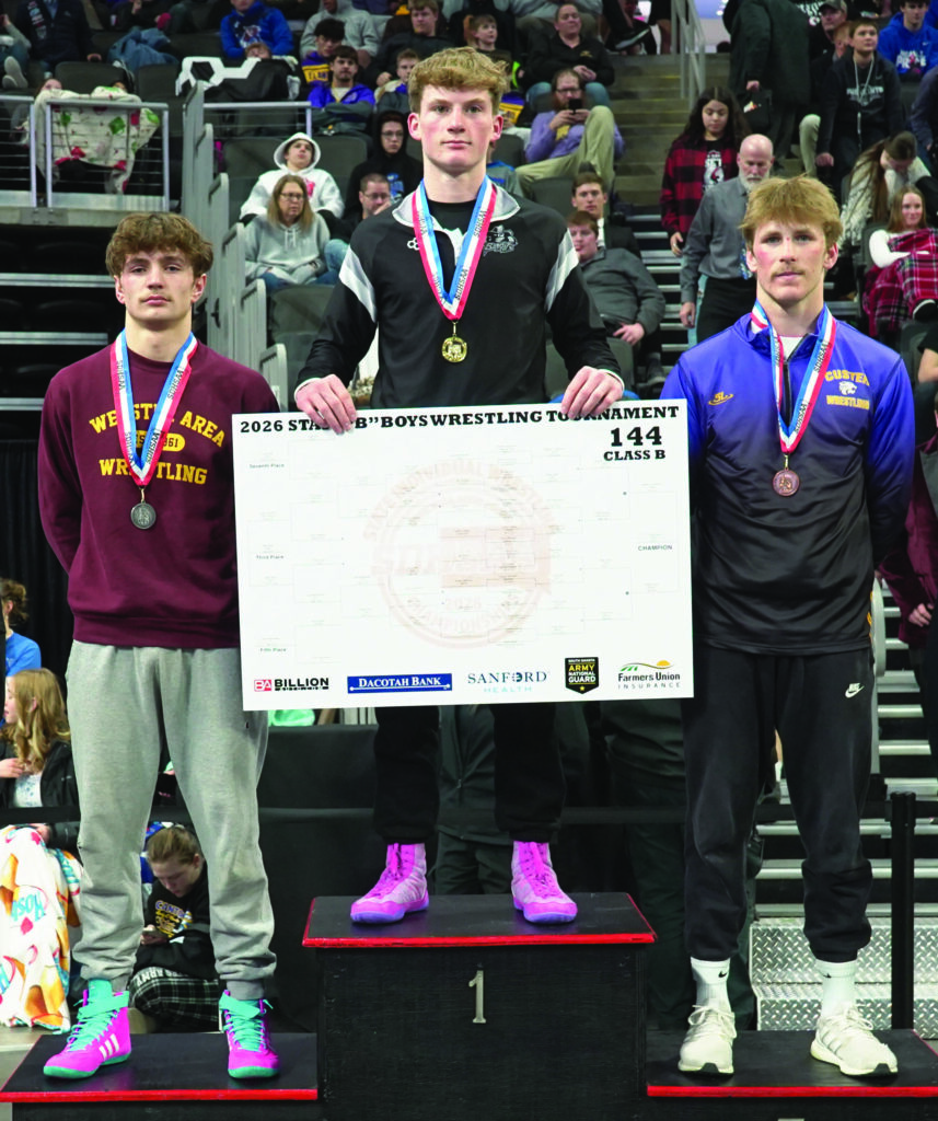 COURTESY OF SOUTH DAKOTA PUBLIC BROADCASTING
Miller/Highmore-Harrold's Chase Hurd won the individual championships at 144-pounds during the Class B State Tournament on Saturday at the Denny Sanford Premier Center in Sioux Falls. 