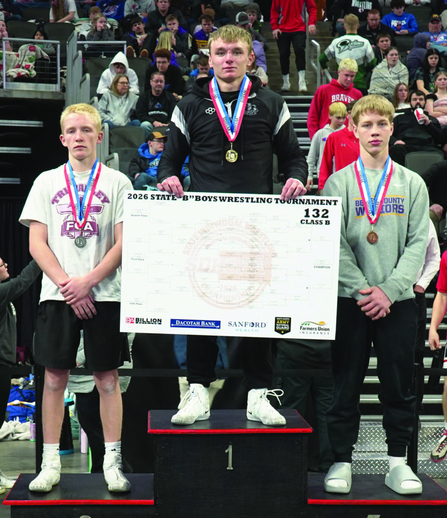 COURTESY OF SOUTH DAKOTA PUBLIC BROADCASTING
Miller/Highmore-Harrold's Talon Ping won the individual championship at 132-pounds during the Class B State Tournament on Saturday at the Denny Sanford Premier Center in Sioux Falls. 