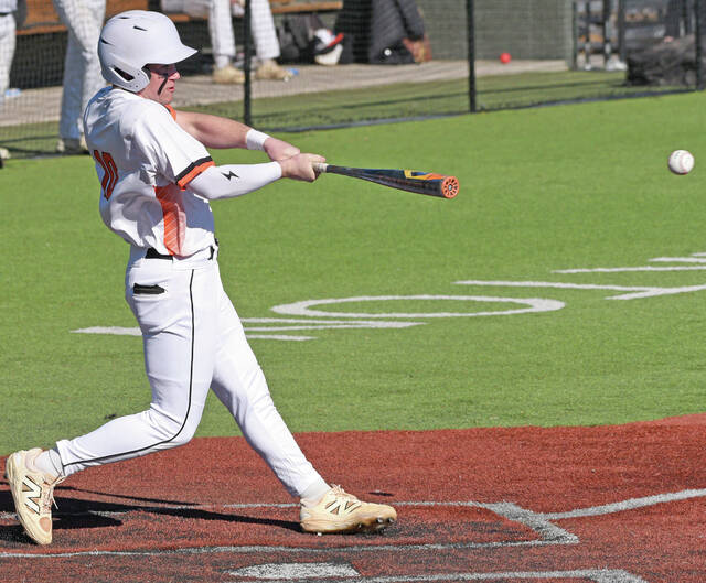 Hurons Cooper Bischoff puts the ball in play during the first game of a club high school baseball doubleheader against Yankton, Wednesday at Yanktons Riverside Field at Bob Tereshinski Stadium.
Photo courtesy James D. Cimburek/Yankton Press & Dakotan