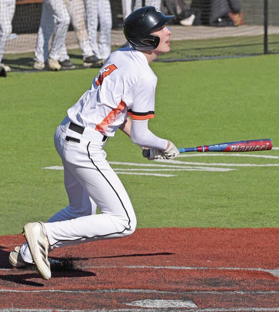 Hurons Chase Schuchhardt gets ready to take off after putting the ball in play during the first game of a club high school baseball doubleheader against Yankton, Wednesday at Yanktons Riverside Field at Bob Tereshinski Stadium.
Photo courtesy James D. Cimburek/Yankton Press & Dakotan