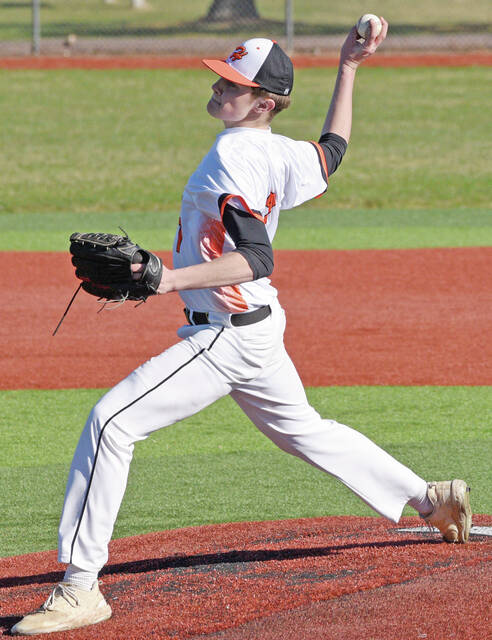 Huron pitcher Nolan Stahly sends the ball home during the first game of a club high school baseball doubleheader against Yankton, Wednesday at Yanktons Riverside Field at Bob Tereshinski Stadium.
Photo courtesy James D. Cimburek/Yankton Press & Dakotan