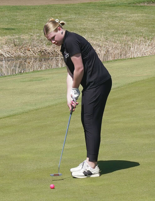 Mike Carroll/Plainsman Addison Bartholow of Sanborn Central/Woonsocket putts on the No. 9 green during the Wolsey-Wessington Invite on Friday at Broadland Creek Golf Course.