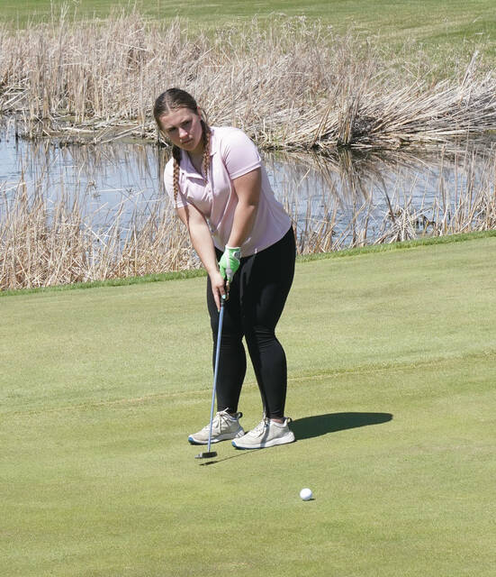 Mike Carroll/Plainsman Olivia Knox of Doland putts on the No. 9 green during the Wolsey-Wessington Invite on Friday at Broadland Creek Golf Course.