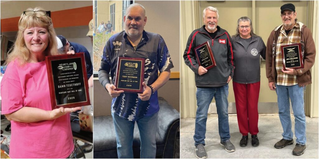 Courtesy photos The Heartland dart and pool tournament inducted five people into the Hall of Fame during the tournament April 10-12. Dawn Tegethoff, left, and Tony Beerman, center, were inducted to the dart Hall of Fame, while in the final photo, Kevin Hvam, left, Sheila Kilgore, center, and John Kilgore, right, were inducted into the pool Hall of Fame.