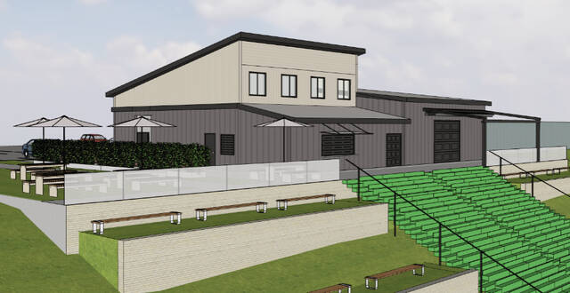 Courtesy image A preliminary design rendition of what the new concession area, press box, and player development center to be constructed at Memorial Ball Park will look like upon completion. The project will begin tear down this month with completion expected in October 2026.