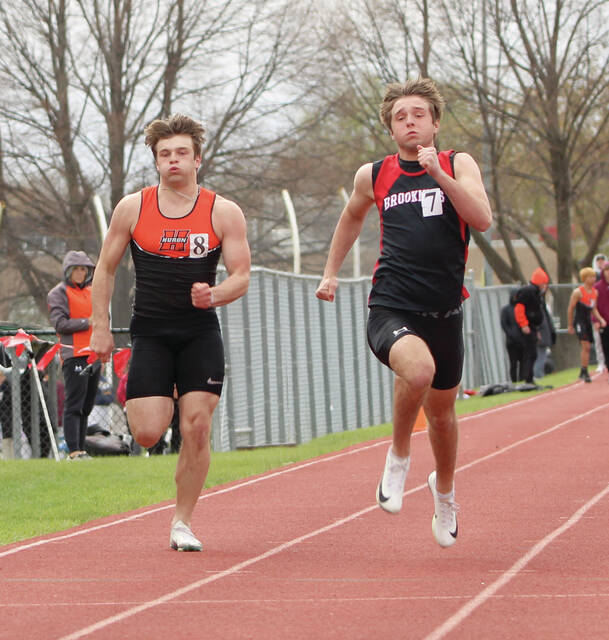 Hurons Landon HUlst competes in the boys 100-meter race during the Bob Coffey Meet on Tuesday in Brookings.
Shaun Sarvis/Plainsman