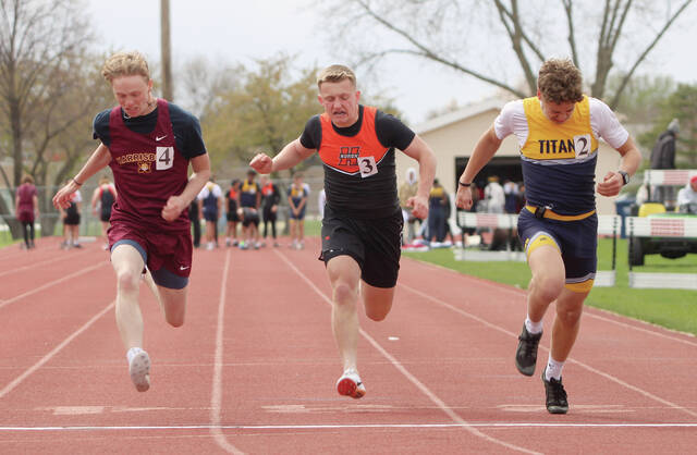 Hurons Josh Gilbert in the 100-meter race.
Shaun Sarvis/Plainsman