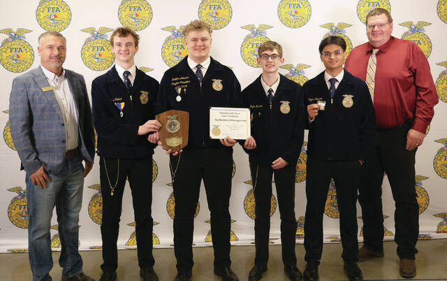 Courtesy Photo Ag Business Management CDE 1st place team photo L-R: De Smet: Frank, Chase Temme, Bfreyten Johnson, Logan Nielsen, Anthony Escobar, Dave VanderWal (adviser)