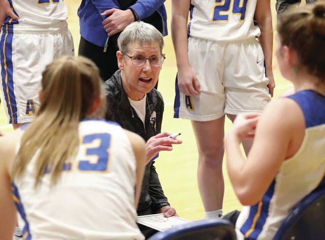 Photo by John Davis Aberdeen Central girls basketball coach Dawn Seiler, center, talks to her team during a game Feb. 6, 2021 against Sioux Falls OGorman at the Golden Eagles Arena.