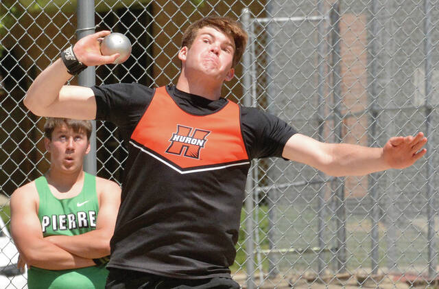 Hurons Carter Porisch competes in the shot put during the Eastern South Dakota Conference Meet on Saturday in Watertown.
Photo courtesy Roger Merriam/Watertown PO