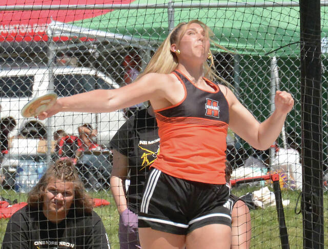 Hurons Isabelle Kremer competes in the discus during the Eastern South Dakota Conference Meet on Saturday in Watertown.
Photo courtesy Roger Merriam/Watertown PO