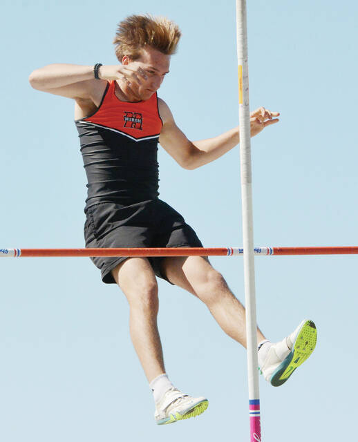 Hurons Ian Larson competes in the pole vault.
Photo courtesy Roger Merriam/Watertown PO
