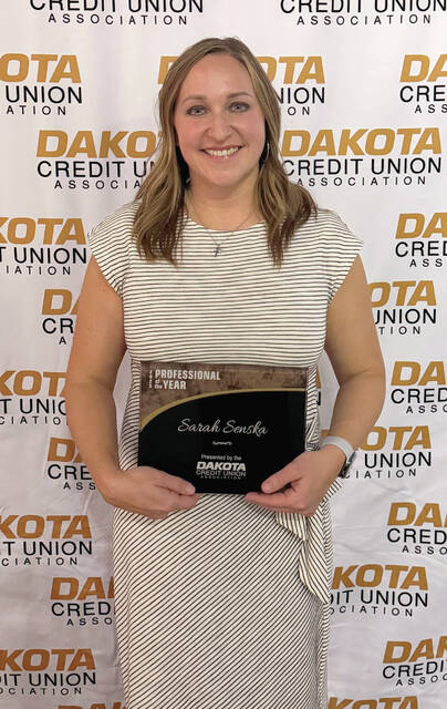 Courtesy Photo Sarah Senska of Dakotaland FCU of Huron is presented with the Professional of the Year Award.