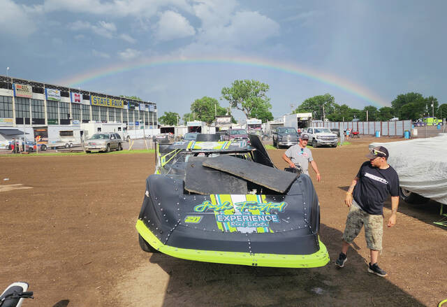 A rainbow developed to the east of Dakota State Fair Speedway after a brief rain shower at the track on Thursday.
Photo courtesy of Jamie Laine Photography