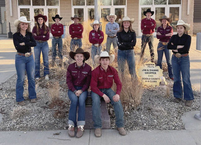 Members of the Huron Area rodeo team are, front, from left: Charleigh Brewer and Mason Hunter. Back row: Londyn Mickelson; Tia Esser; Layton Zoss; Broden Deyoung; Laydree Zoss; Brady Meyer; Krue Lutter, August Steele; Aubrey Moody and Lily Toupal.